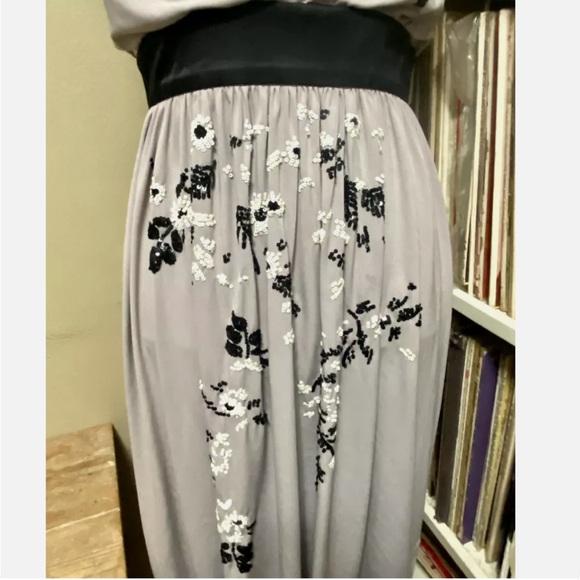 Suzi Chin for Maggy Boutique Grey/Taupe Draped Neck Floral Beaded Dress - Picture 3 of 6